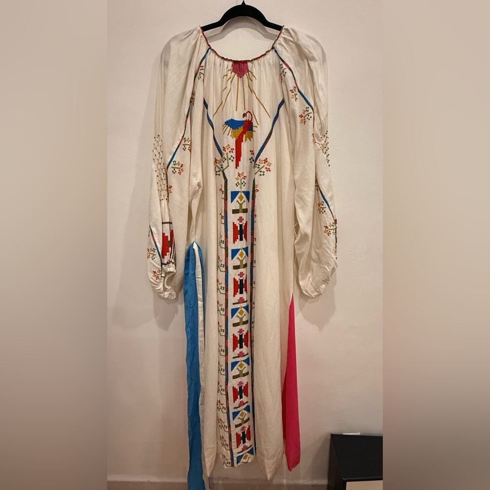 FARM Rio Macaw Embroidered Linen Caftan Midi Dress Size S Resort Vacation Boho - Picture 5 of 9